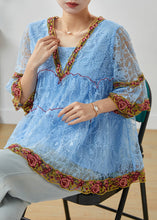 Load image into Gallery viewer, Bohemian Blue Embroidered Ruffled Lace Shirt Summer