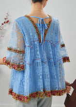 Load image into Gallery viewer, Bohemian Blue Embroidered Ruffled Lace Shirt Summer