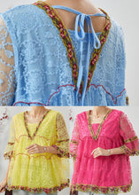 Load image into Gallery viewer, Bohemian Blue Embroidered Ruffled Lace Shirt Summer