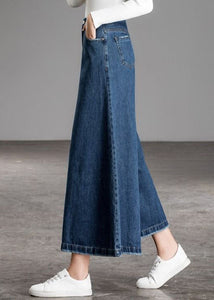 Bohemian Blue High Waist Pockets Wide Leg Fall Denim Pants