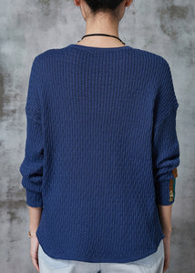 Bohemian Blue Oversized Patchwork Pocket Knit Sweater Spring