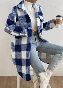 Bohemian Blue Peter Pan Collar Pockets Plaid Faux Fur Coats Fall