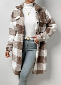 Bohemian Blue Peter Pan Collar Pockets Plaid Faux Fur Coats Fall