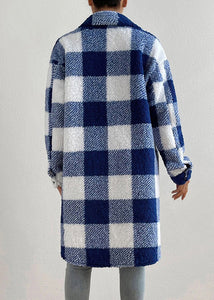 Bohemian Blue Peter Pan Collar Pockets Plaid Faux Fur Coats Fall