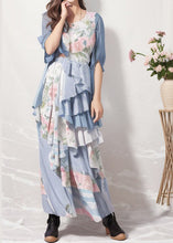 Load image into Gallery viewer, Bohemian Blue Ruffled Print Patchwork Silk Dresses Summer