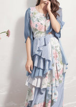 Load image into Gallery viewer, Bohemian Blue Ruffled Print Patchwork Silk Dresses Summer