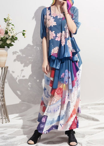 Bohemian Blue Ruffled Print Patchwork Silk Long Dresses Summer