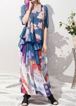 Load image into Gallery viewer, Bohemian Blue Ruffled Print Patchwork Silk Long Dresses Summer