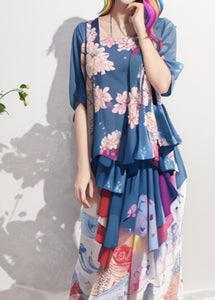 Bohemian Blue Ruffled Print Patchwork Silk Long Dresses Summer