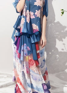 Bohemian Blue Ruffled Print Patchwork Silk Long Dresses Summer