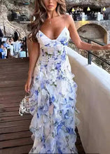 Load image into Gallery viewer, Bohemian Blue Ruffled Print Tulle Spaghetti Strap Dress Sleeveless