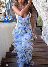 Load image into Gallery viewer, Bohemian Blue Ruffled Print Tulle Spaghetti Strap Dress Sleeveless