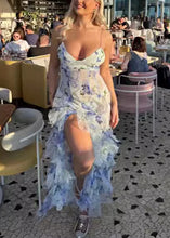 Load image into Gallery viewer, Bohemian Blue Ruffled Print Tulle Spaghetti Strap Dress Sleeveless