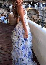 Load image into Gallery viewer, Bohemian Blue Ruffled Print Tulle Spaghetti Strap Dress Sleeveless