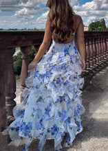 Load image into Gallery viewer, Bohemian Blue Ruffled Print Tulle Spaghetti Strap Dress Sleeveless