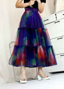 Bohemian Blue Ruffled Tie Dye Tulle Skirt Spring