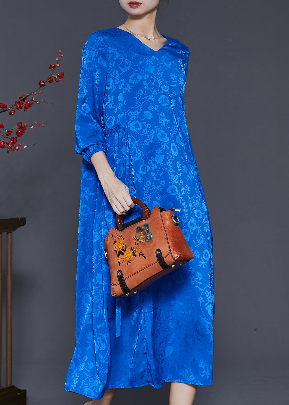 Bohemian Blue Tie Waist Print Silk Dress Spring