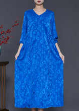 Load image into Gallery viewer, Bohemian Blue Tie Waist Print Silk Dress Spring