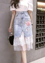 Load image into Gallery viewer, Bohemian Blue Tulle Patchwork Floral Button Denim Skirt