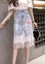 Load image into Gallery viewer, Bohemian Blue Tulle Patchwork Floral Button Denim Skirt