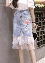 Load image into Gallery viewer, Bohemian Blue Tulle Patchwork Floral Button Denim Skirt