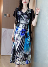 Load image into Gallery viewer, Bohemian Blue V Neck Patchwork Print Silk Dress Summer