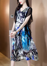 Load image into Gallery viewer, Bohemian Blue V Neck Patchwork Print Silk Dress Summer