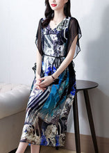 Load image into Gallery viewer, Bohemian Blue V Neck Patchwork Print Silk Dress Summer