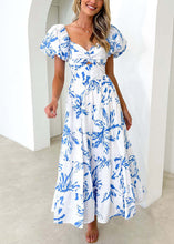 Load image into Gallery viewer, Bohemian Blue V Neck Print Cotton Dress Puff Sleeve