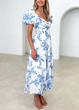 Load image into Gallery viewer, Bohemian Blue V Neck Print Cotton Dress Puff Sleeve