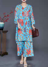 Load image into Gallery viewer, Bohemian Blue V Neck Print Side Open Two Pieces Set Fall