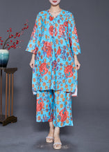 Load image into Gallery viewer, Bohemian Blue V Neck Print Side Open Two Pieces Set Fall