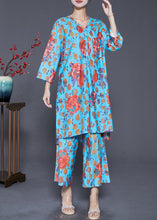 Load image into Gallery viewer, Bohemian Blue V Neck Print Side Open Two Pieces Set Fall