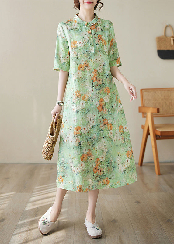 Bohemian Green Peter Pan Collar Print Cotton Long Dresses Summer