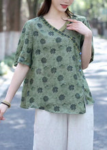 Load image into Gallery viewer, Bohemian Green V Neck Print Patchwork Linen Shirts Summer