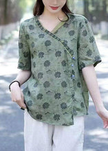 Load image into Gallery viewer, Bohemian Green V Neck Print Patchwork Linen Shirts Summer