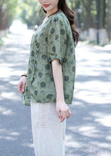 Load image into Gallery viewer, Bohemian Green V Neck Print Patchwork Linen Shirts Summer