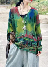 Load image into Gallery viewer, Bohemian Green V Neck Print Pockets Knit Cardigans Long Sleeve