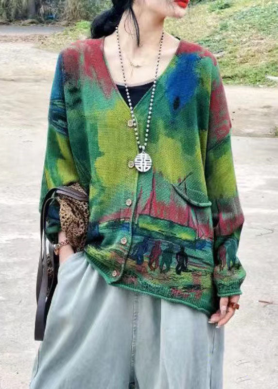 Bohemian Green V Neck Print Pockets Knit Cardigans Long Sleeve