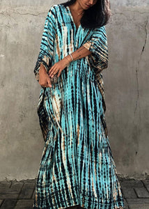 Bohemian Green V Neck Striped Print Women Beach Dress Summer