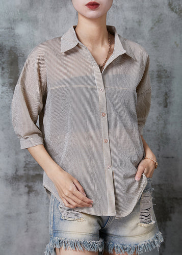 Bohemian Khaki Striped Wrinkled Cotton Shirt Tops Summer