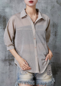 Bohemian Khaki Striped Wrinkled Cotton Shirt Tops Summer