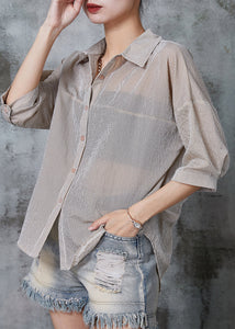 Bohemian Khaki Striped Wrinkled Cotton Shirt Tops Summer