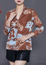 Load image into Gallery viewer, Bohemian Khaki V Neck Print Tulle Shirt Tops Summer