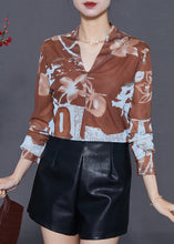 Load image into Gallery viewer, Bohemian Khaki V Neck Print Tulle Shirt Tops Summer