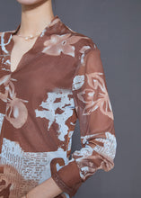 Load image into Gallery viewer, Bohemian Khaki V Neck Print Tulle Shirt Tops Summer