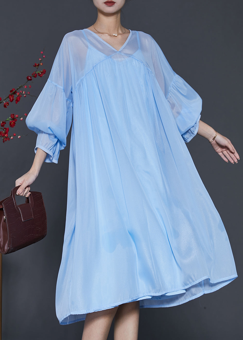 Bohemian Lake Blue Draping Chiffon Dress Two Piece Set Lantern Sleeve