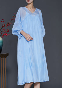 Bohemian Lake Blue Draping Chiffon Dress Two Piece Set Lantern Sleeve