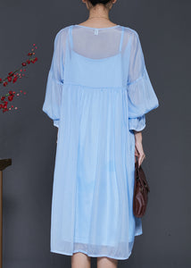 Bohemian Lake Blue Draping Chiffon Dress Two Piece Set Lantern Sleeve