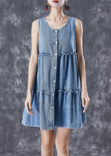 Load image into Gallery viewer, Bohemian Light Blue Ruffled Patchwork Denim Mini Dresses Sleeveless